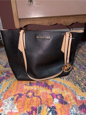 Michael Kors Black Pebbled Leather Tote with Tan Handles